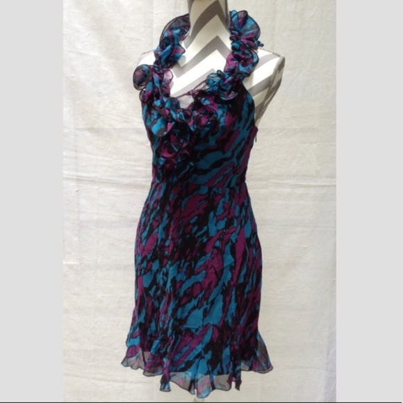 bebe Dresses & Skirts - Bebe silk printed ruffle halter dress NWT small